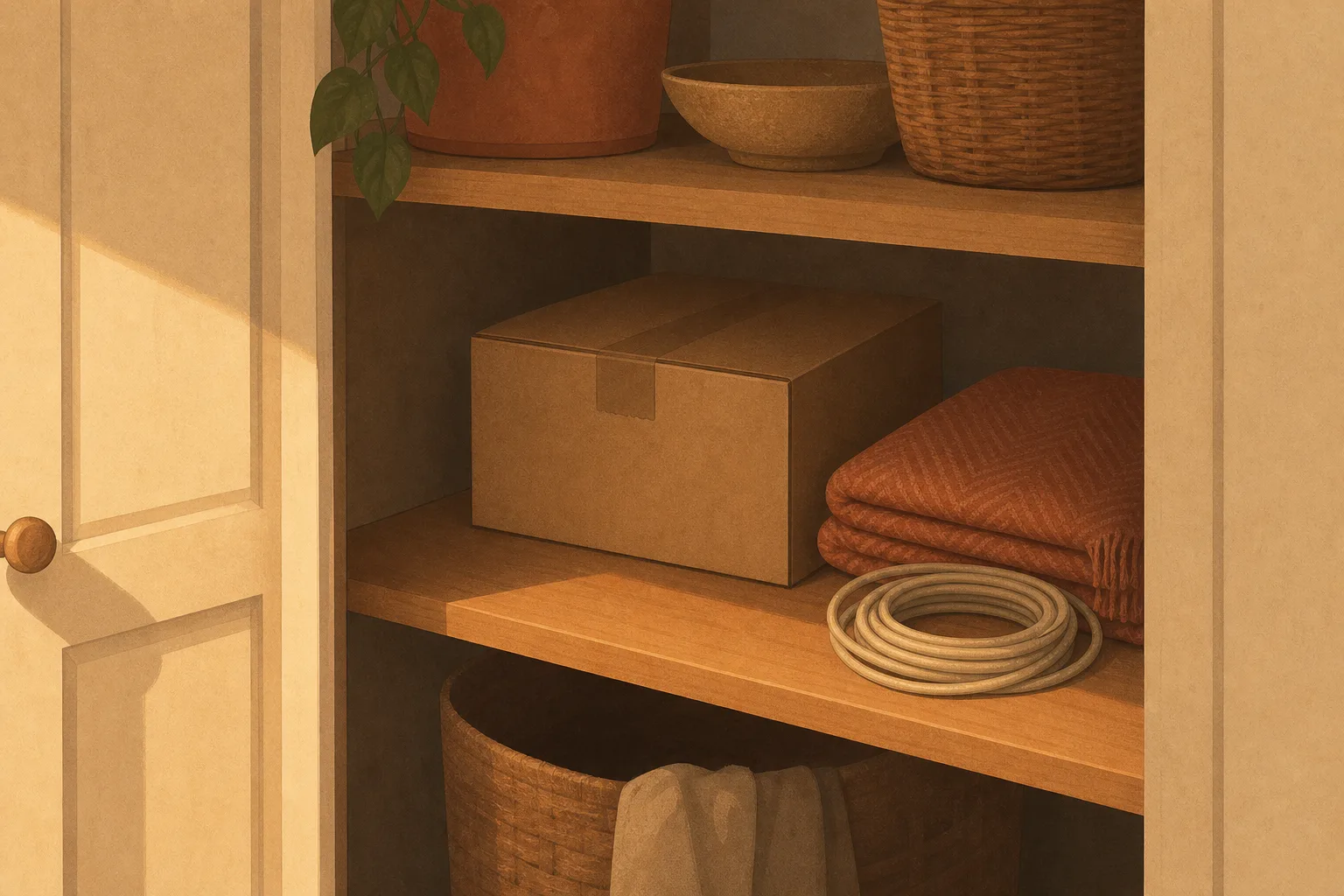 A sealed cardboard parcel still taped shut at the back of an open cupboard shelf, beside a folded blanket and a coiled cable in warm terracotta and sand tones.