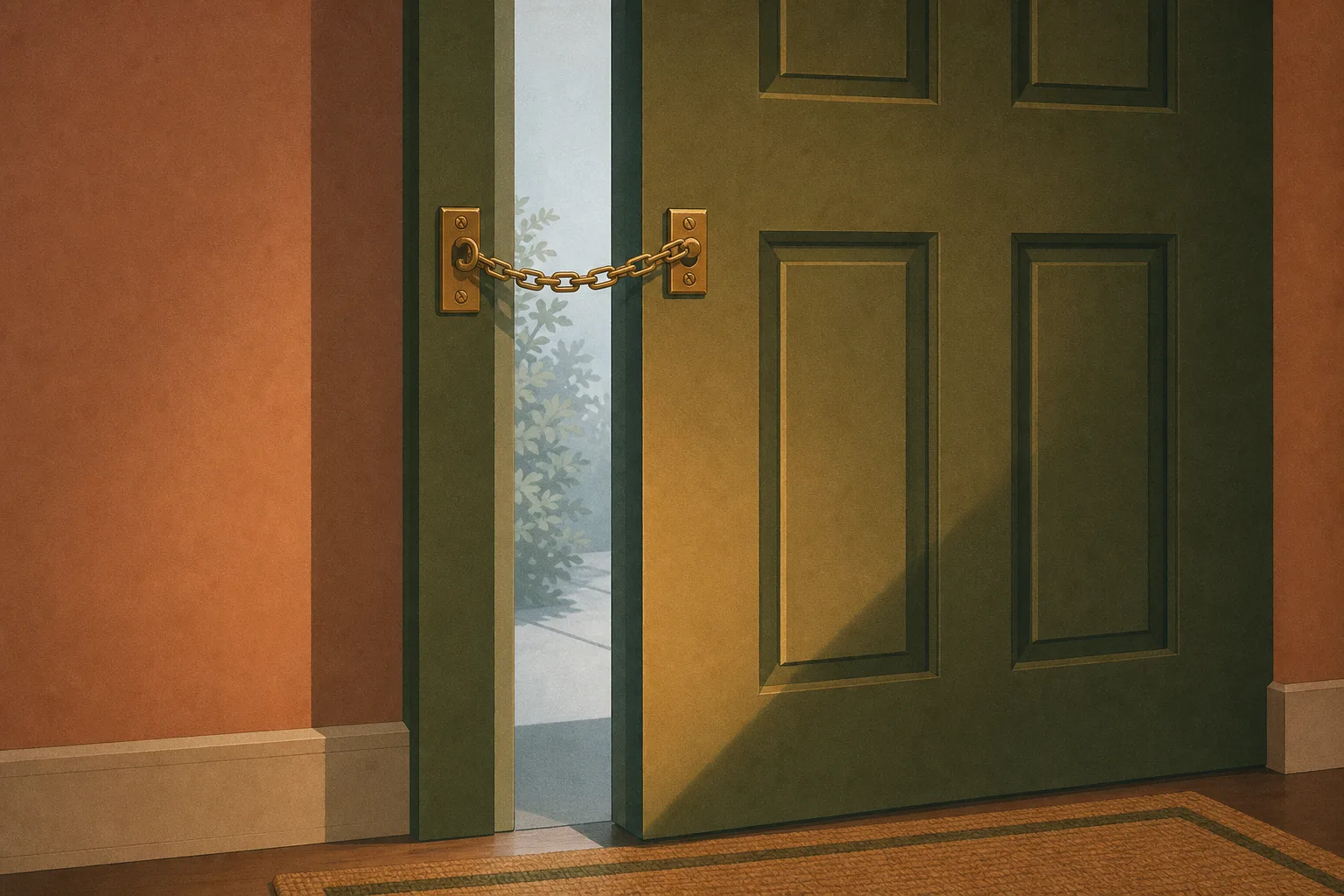 A panelled front door seen from inside in deep moss green and warm clay, opened only a few inches with a taut brass security chain across the narrow gap and cool pale daylight showing through it.