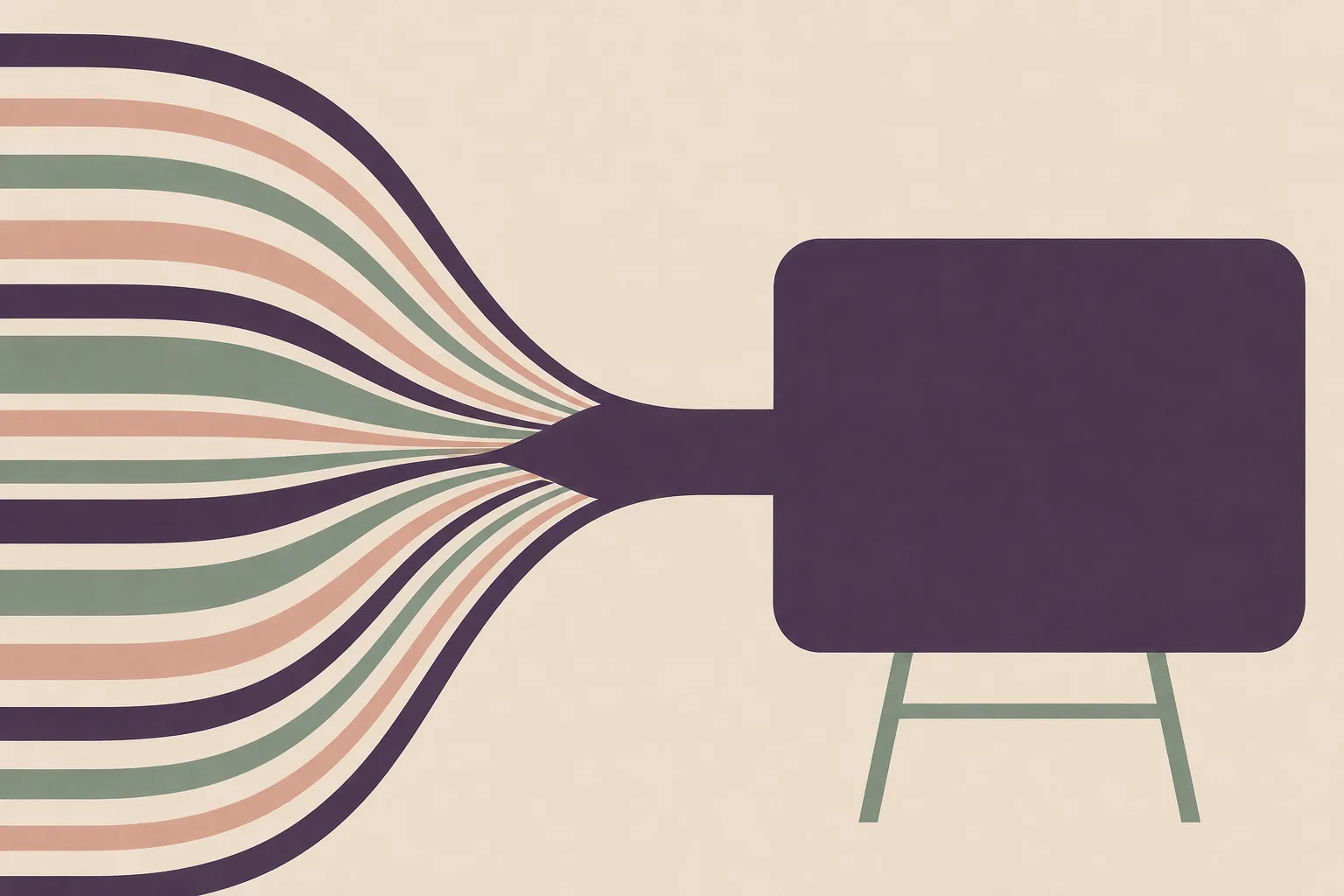 A flat abstract illustration on a warm cream ground in deep aubergine, sage green and clay pink, with about twenty slender ribbons entering from the left and funnelling into a single thick channel that runs into a plain empty screen shape standing on two thin legs.