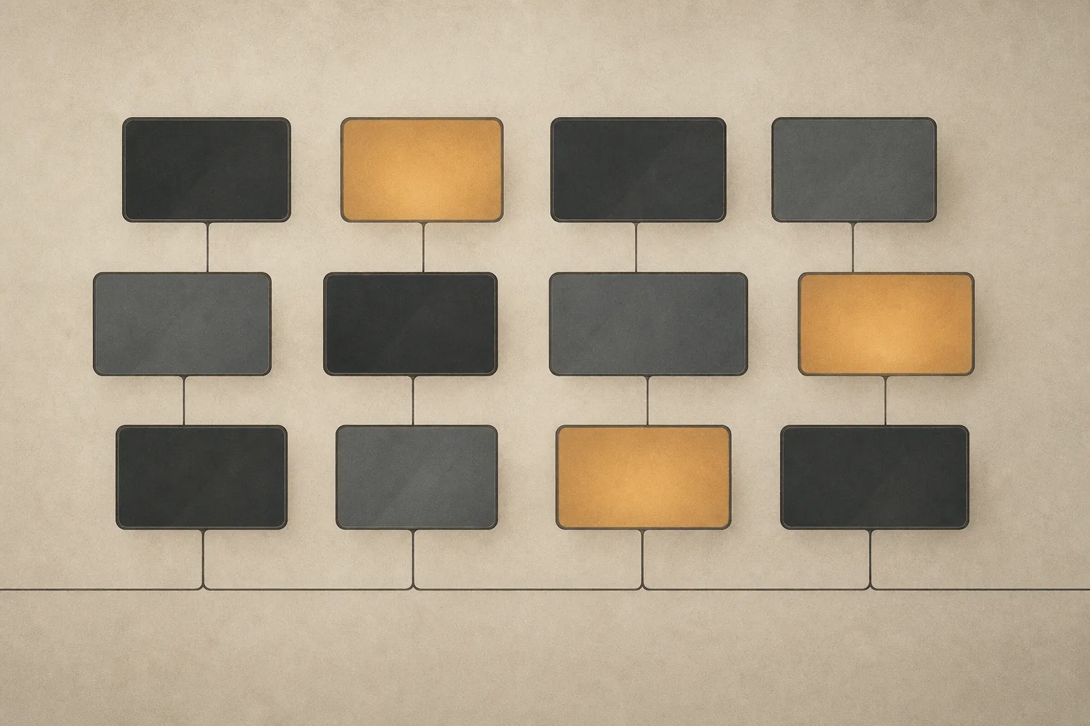 A flat grid of small screen shapes in muted charcoal, most of them dark with three still glowing amber, all joined by a single thin line along the bottom.