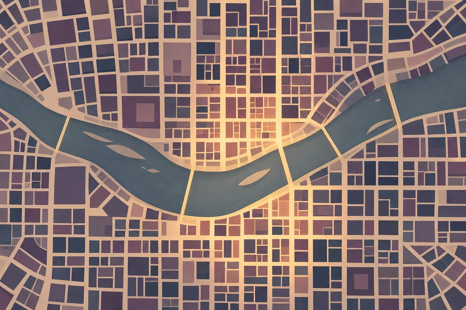 An aerial view of a city grid of plum and slate blocks cut by a curving river, with thin gold channels of light threading between them.