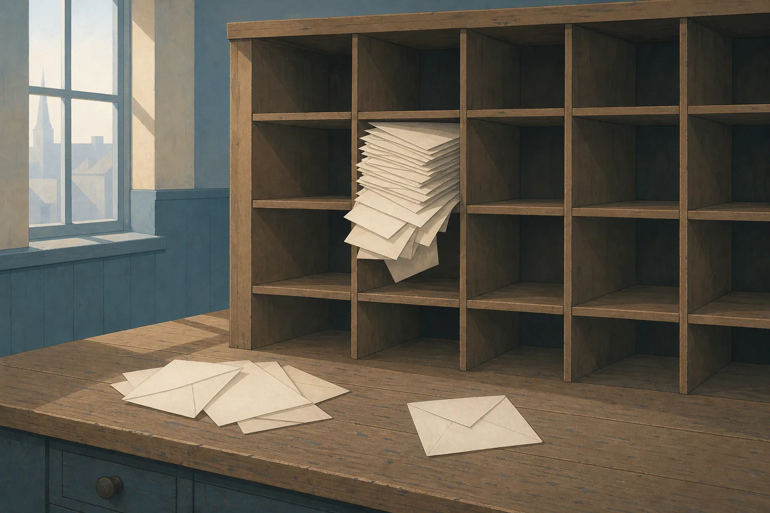 A wooden post room rack where one pigeonhole is crammed with a thick stack of blank envelopes spilling over its edge, while every other pigeonhole around it stands empty.