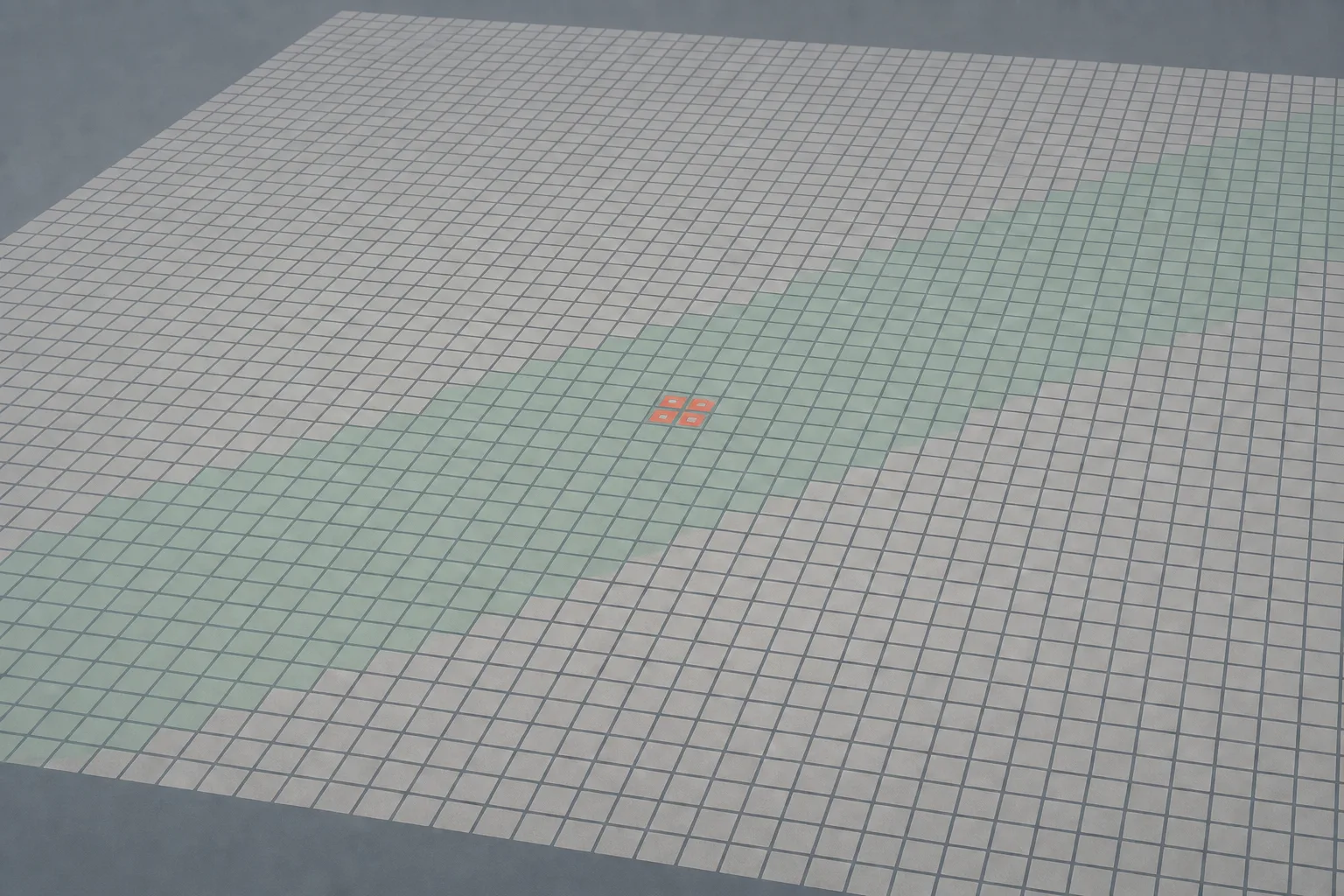 A wide grid field of small blank squares on cool slate grey, with a broad sea green band washing diagonally across about a third of them and a tiny cluster of squares inside that band filled solid coral.