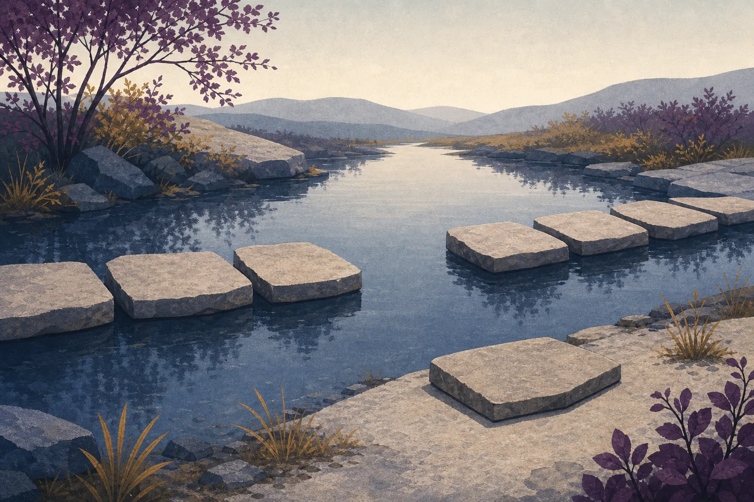 A line of flat stepping stones crossing a shallow still channel with one stone missing from the middle, and a cut slab resting on the bank beside the gap waiting to be laid.