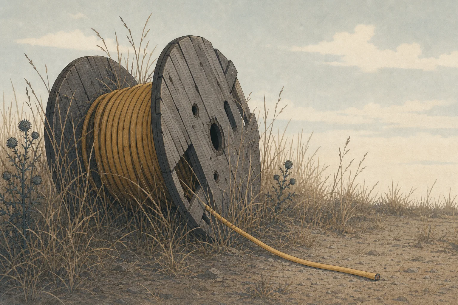 A large wooden cable drum lying abandoned on its side in rough grass in charcoal and soft mustard, only part unwound, with a short length of cable trailing out across bare soil and stopping abruptly, and long grass grown up through its spokes.