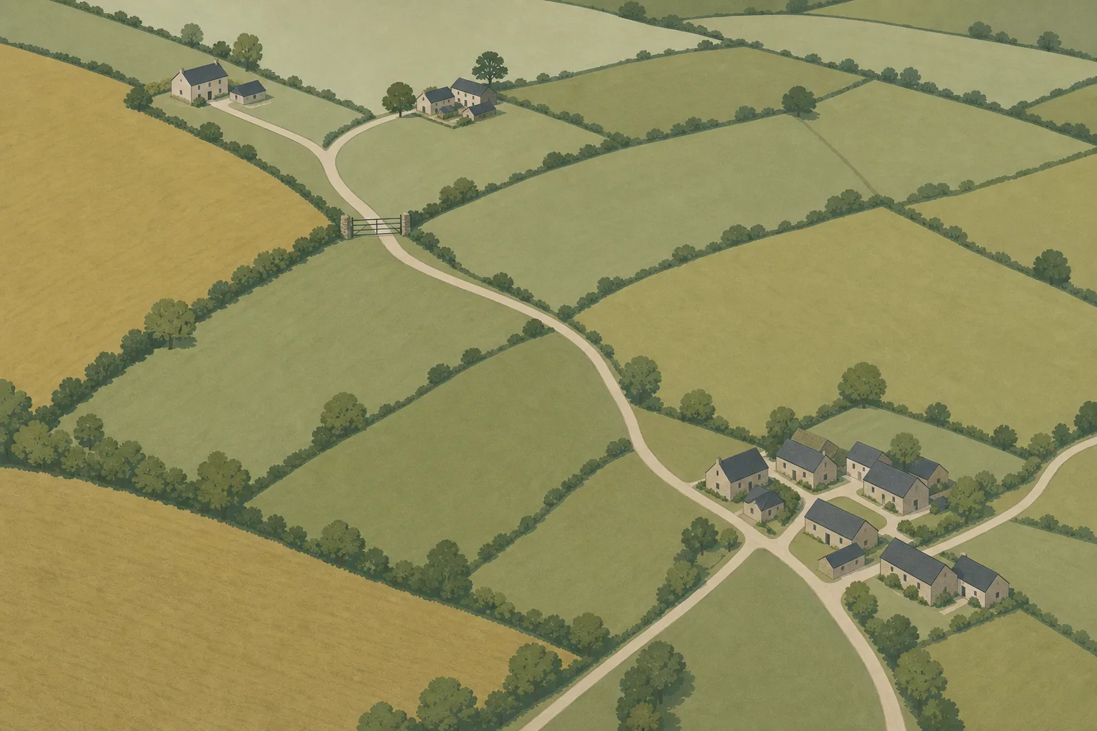 An aerial view of rolling farmland in sage green and muted ochre, with pale lanes converging on a small cluster of rooftops and one lane out to two isolated farmsteads closed off by a shut five-bar field gate.