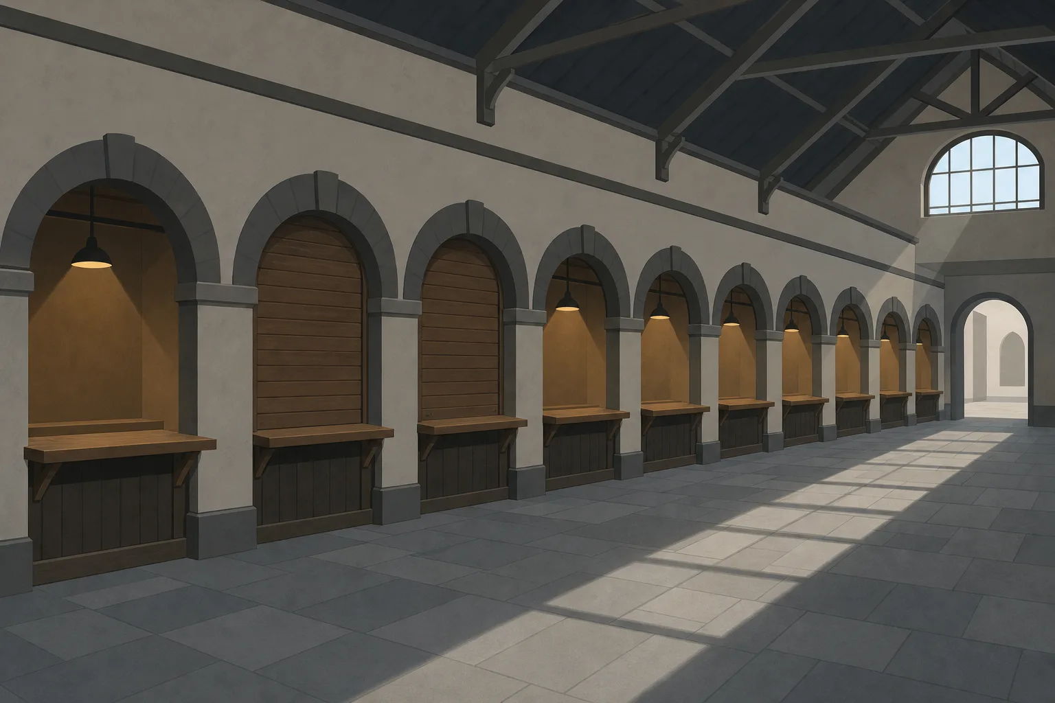A row of small wooden market counters set into one long wall inside a covered arcade, two of them side by side with their shutters pulled down flush and the rest open with a soft lamp lit inside each.