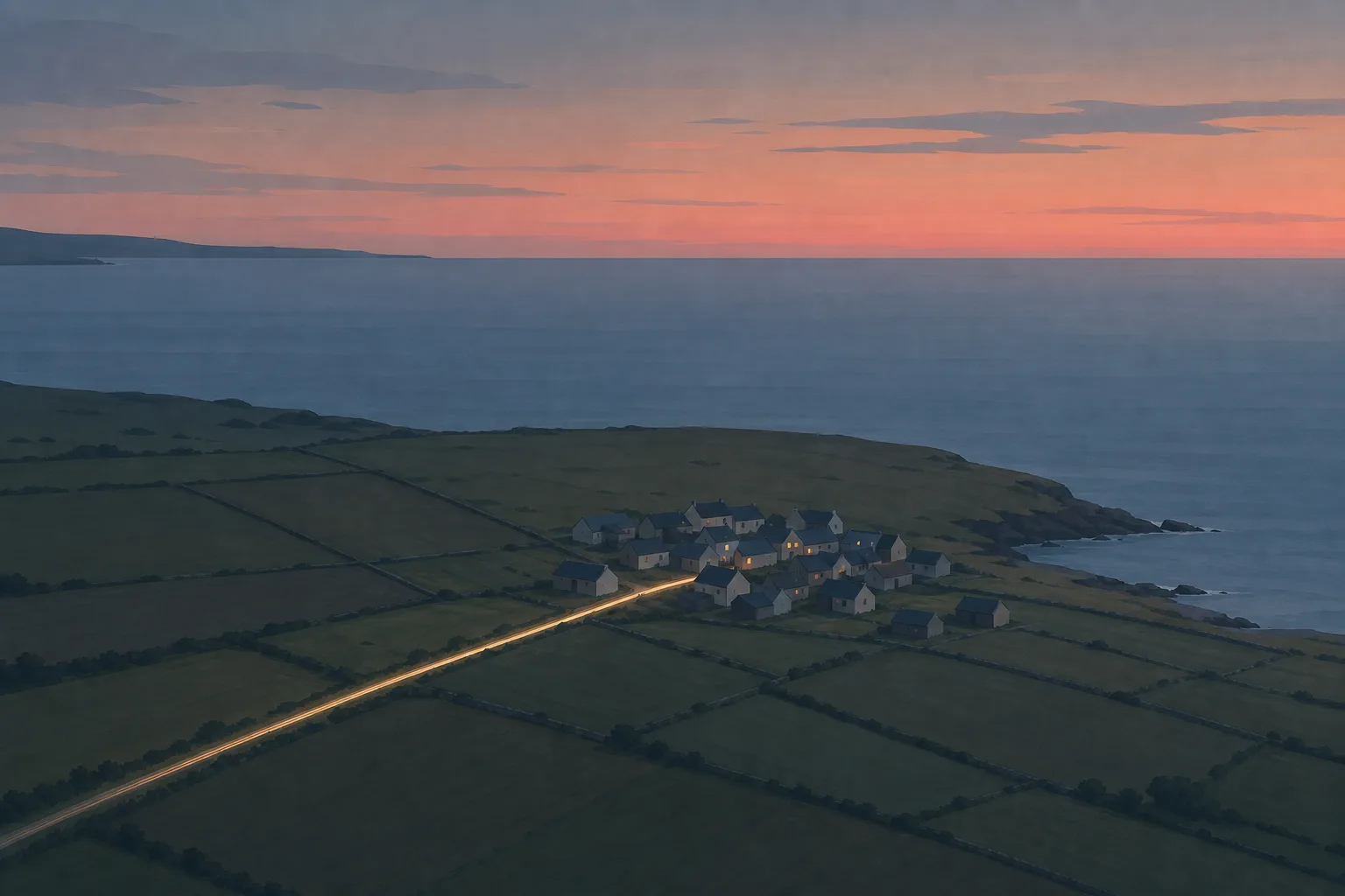 A wide dusk view over a small coastal village on a headland, with a single thin thread of light running along the lane and stopping at the last cluster of rooftops.