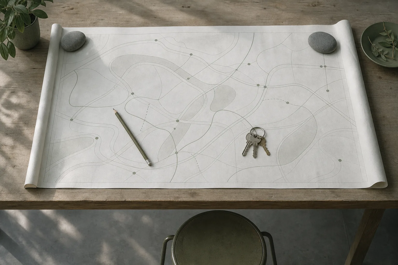 An overhead view of a large unrolled plan on a wooden worktable, its network of thin routed lines weighed down by two stones, with a pencil and a ring of keys left on the paper and an empty stool pushed back at the table edge.