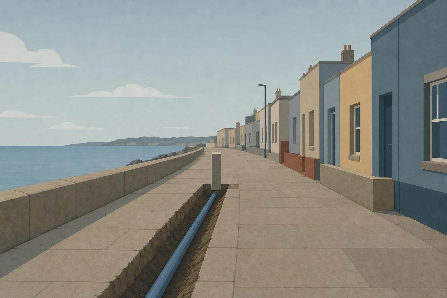 A newly opened narrow trench running along a coastal pavement with a single duct laid in it, stopping part way down the street at a plain marker post where the work ends.