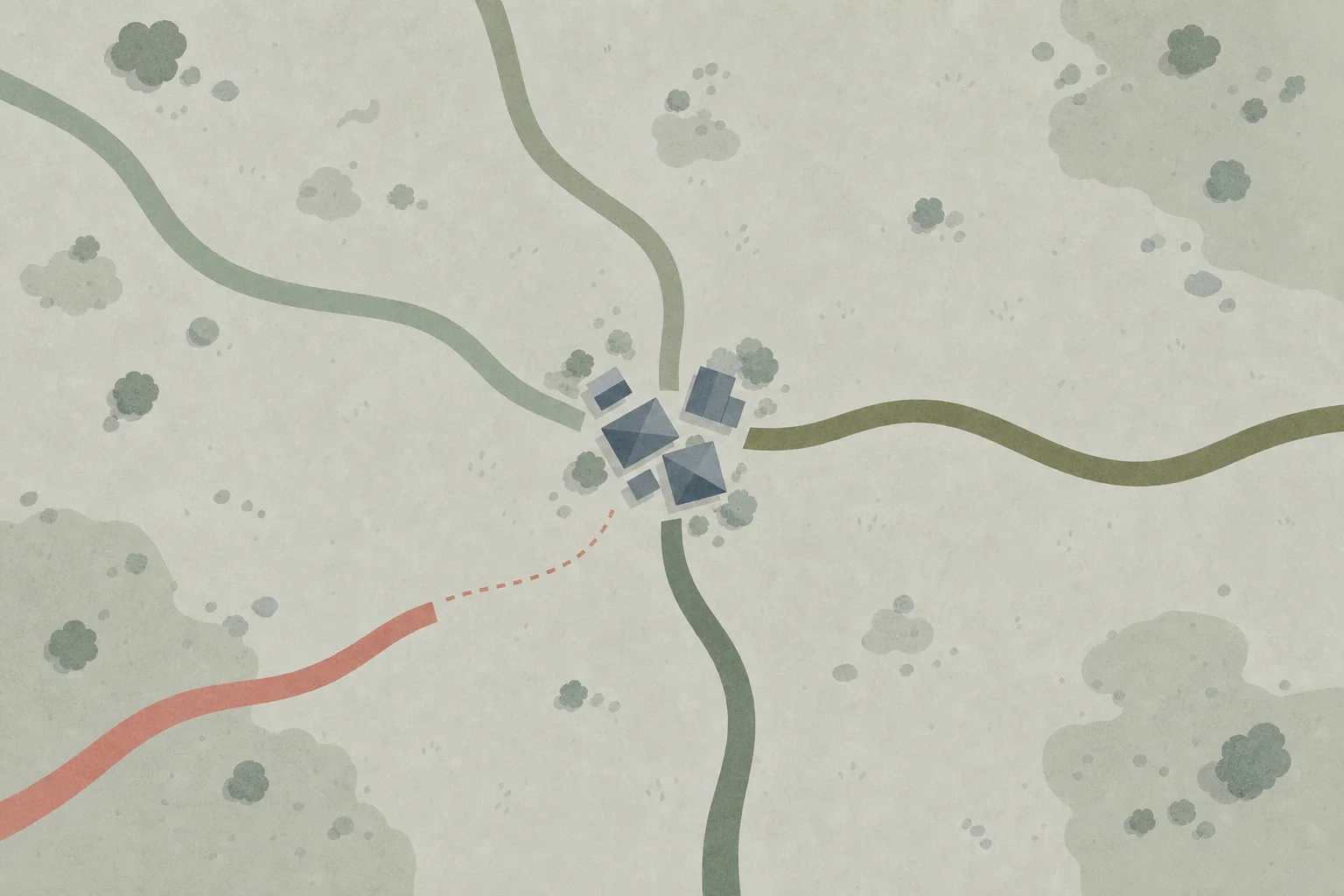 An overhead view of four slender ribbon-like routes running in from the edges of the frame towards a small cluster of simple rooftops, three of them complete in sage green and olive and the fourth in coral stopping short, its remaining path shown as a broken line.