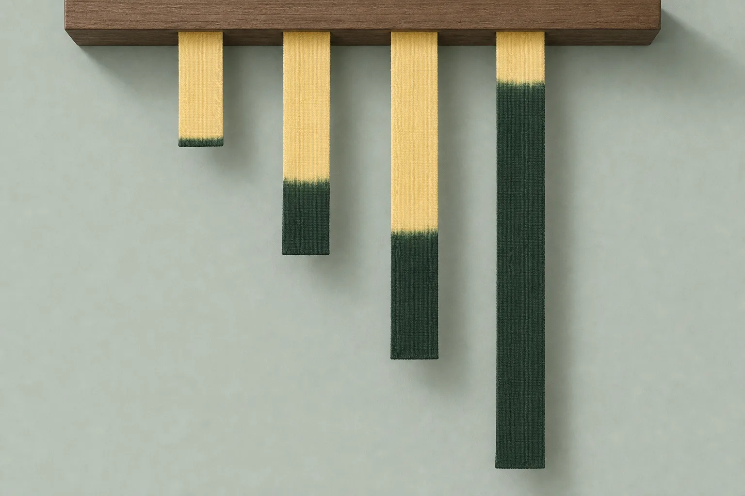 Four plain butter yellow ribbons of different lengths hanging from the underside of a wooden shelf against a pale grey-green wall, each dipped in deep forest green dye from the bottom up by a different amount, the shortest barely tipped and the longest dyed almost its whole length.