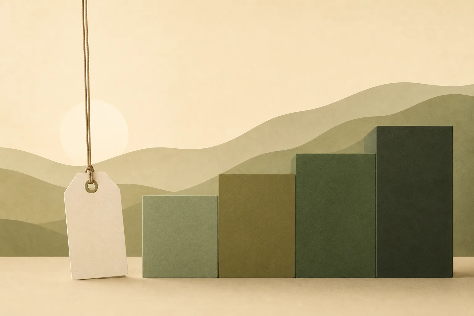 A flat illustration of a hanging price tag beside four stepped blocks rising to the right against distant rolling hills.