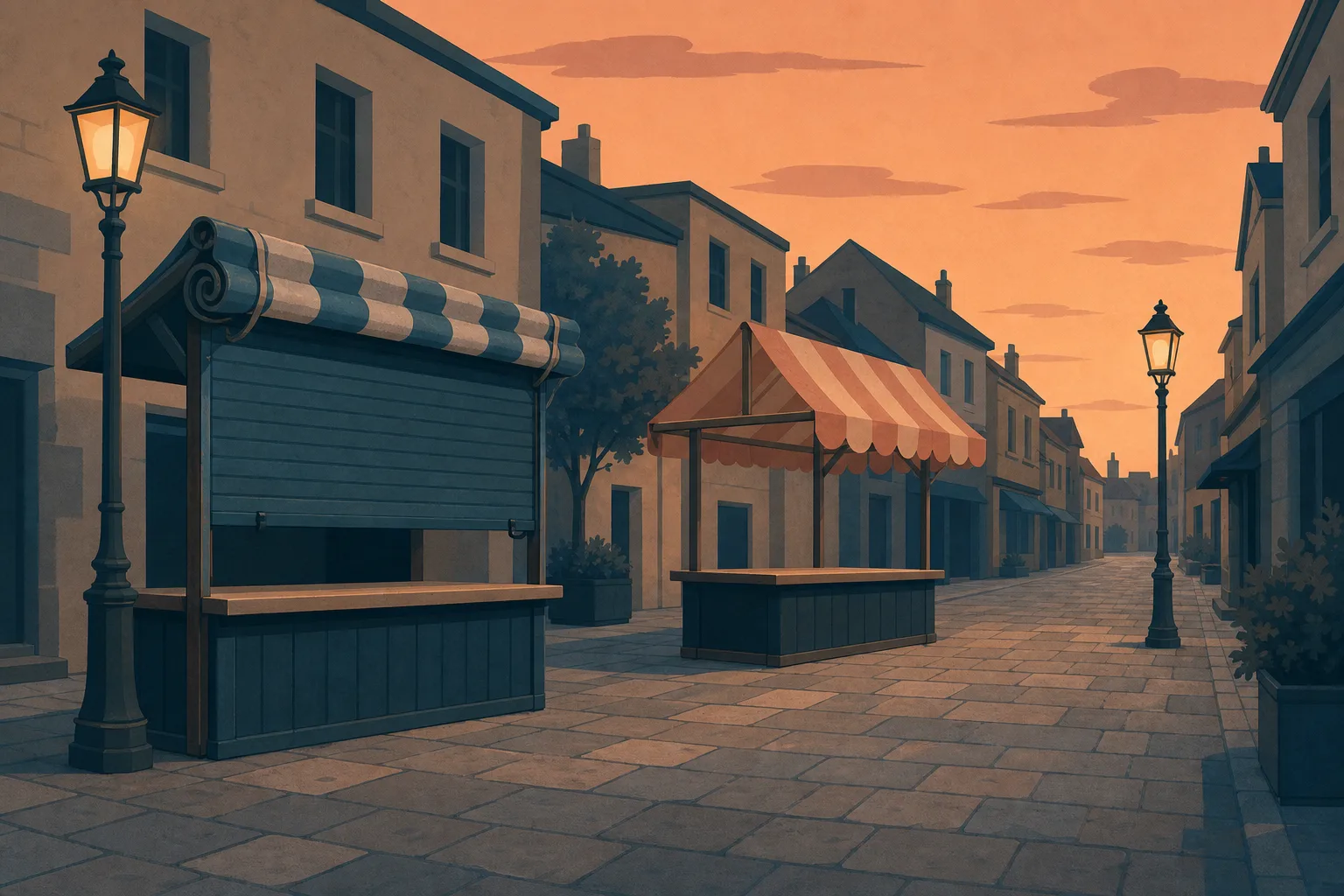 A quiet paved street at dusk in muted petrol blue and soft apricot, with one small market stall shuttered and its canopy furled while a second stall further along stands open and ready, the lamps and paving running on unbroken past both.