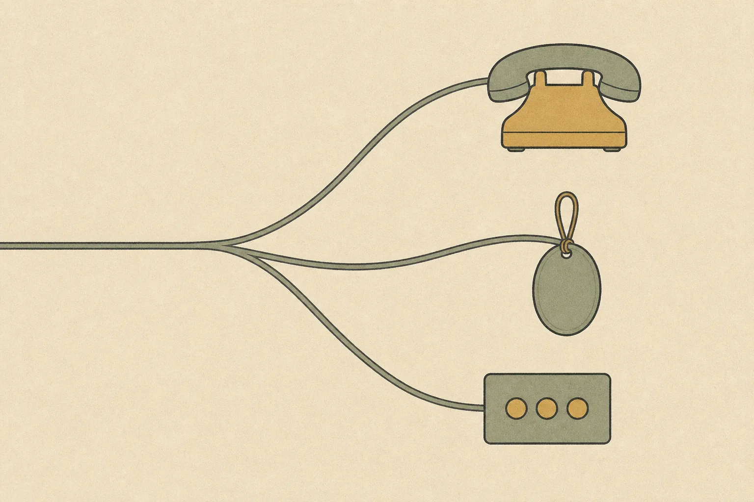 A single slim cord entering from the left and splitting into three strands that curve apart in sage green and ochre, each ending in a small device: a telephone handset on its cradle, an oval pendant on a loop, and a flat wall panel with three blank dots.