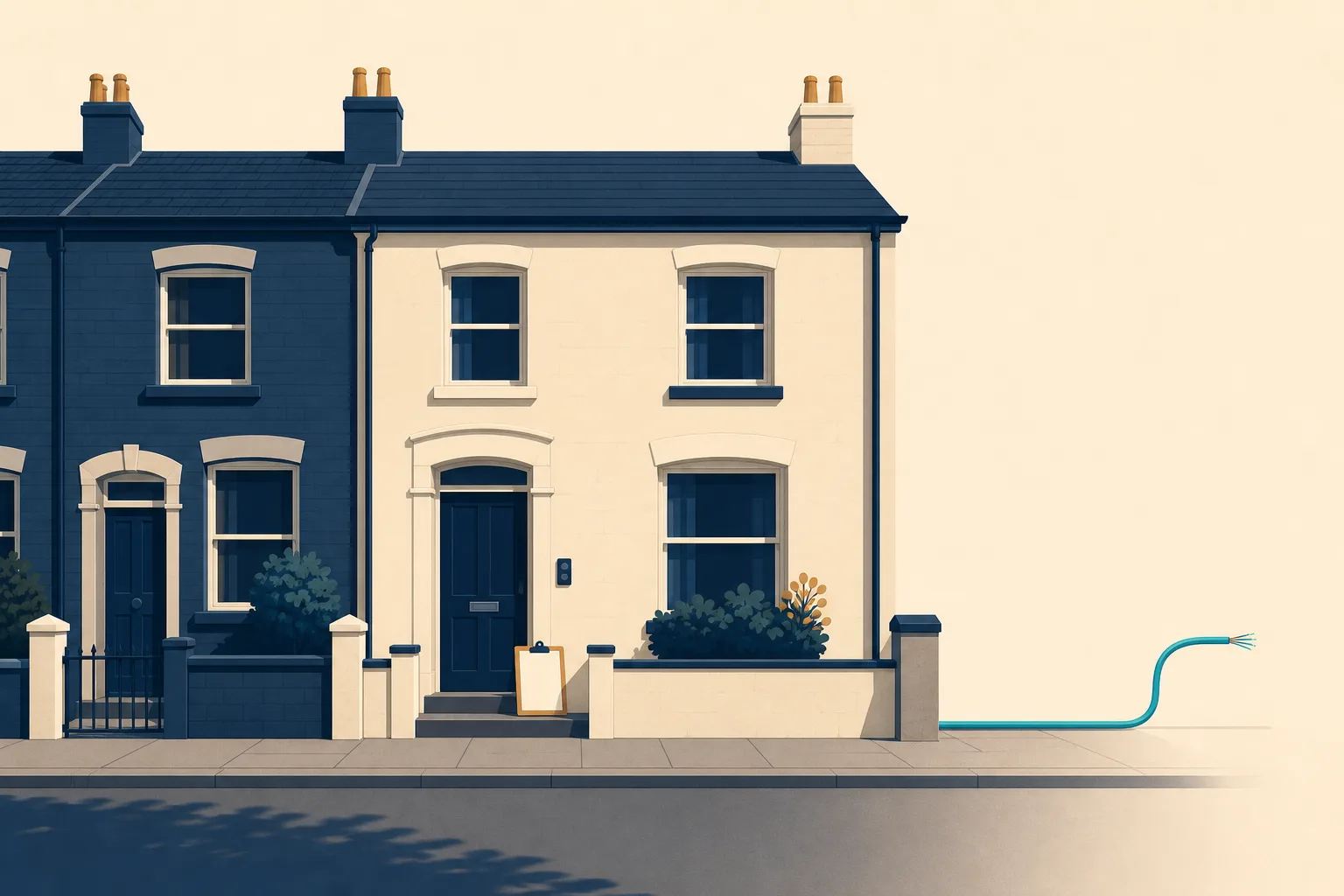 A row of terraced houses with a teal fibre cable ending in loose unconnected strands at the kerb, and a clipboard leaning against a closed front door.