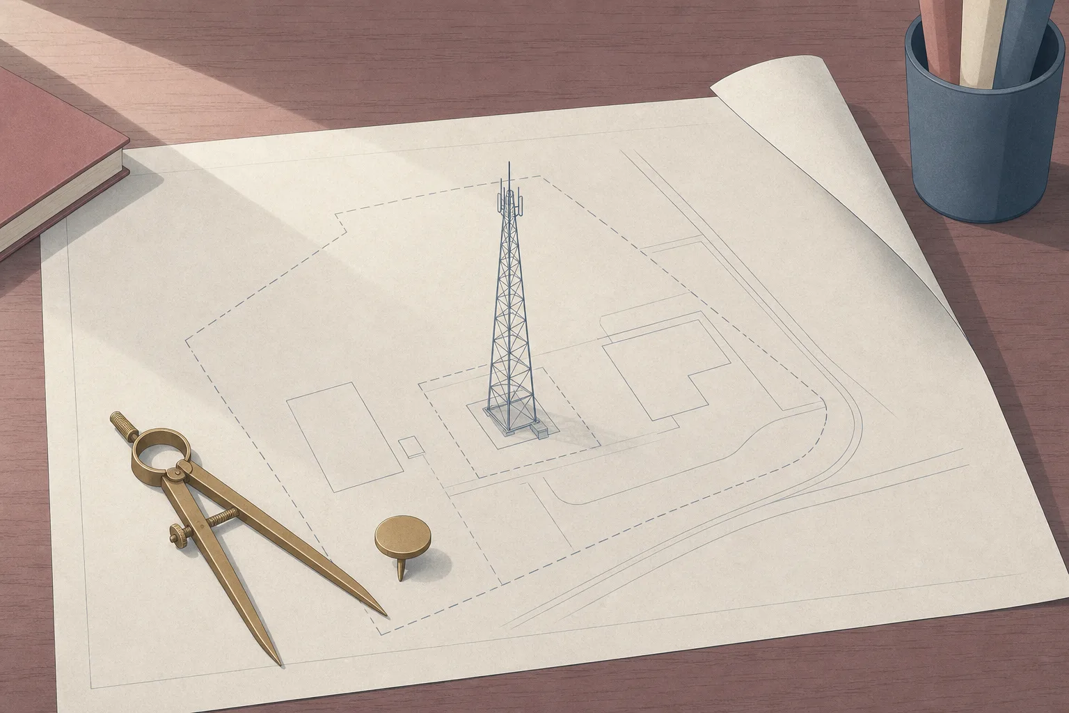 A site plan unrolled on a wooden desk, with a lattice mast drawn standing inside a dashed plot boundary, and a pair of brass dividers and a pin marker resting on the paper.