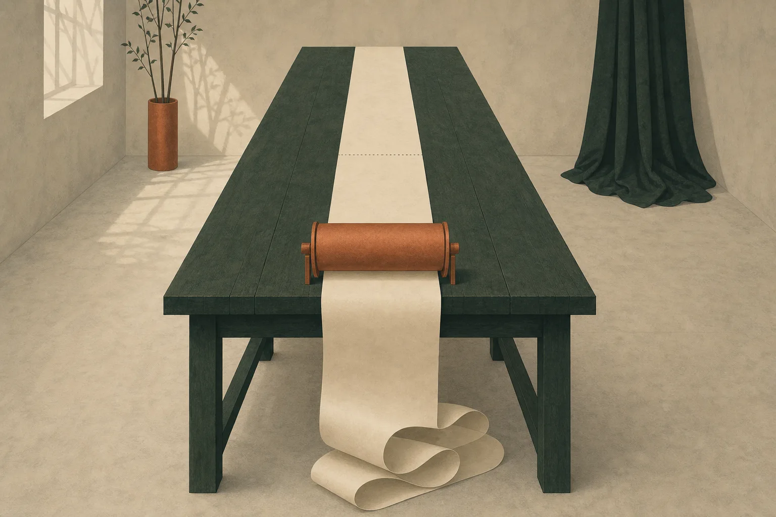 A long ribbon of pale paper unspooling from a small burnt copper drum at one end of a bare table in deep bottle green and chalky oat, running the whole length of the table and trailing over the far edge onto the floor, with one faint perforated line of dots a third of the way along where it should have been torn off.