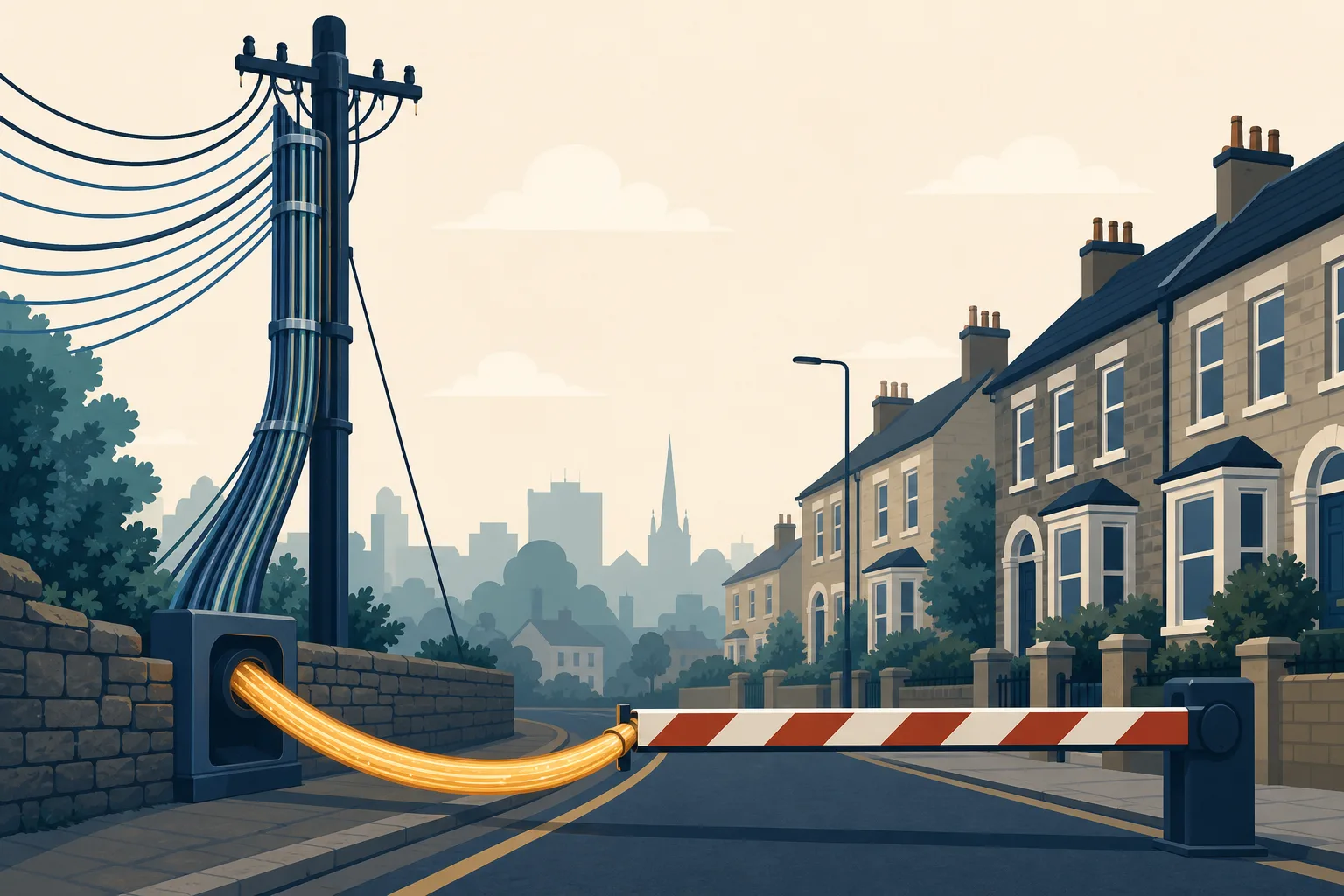 A telegraph pole carrying fibre cables, with one glowing cable stopped at a striped barrier.