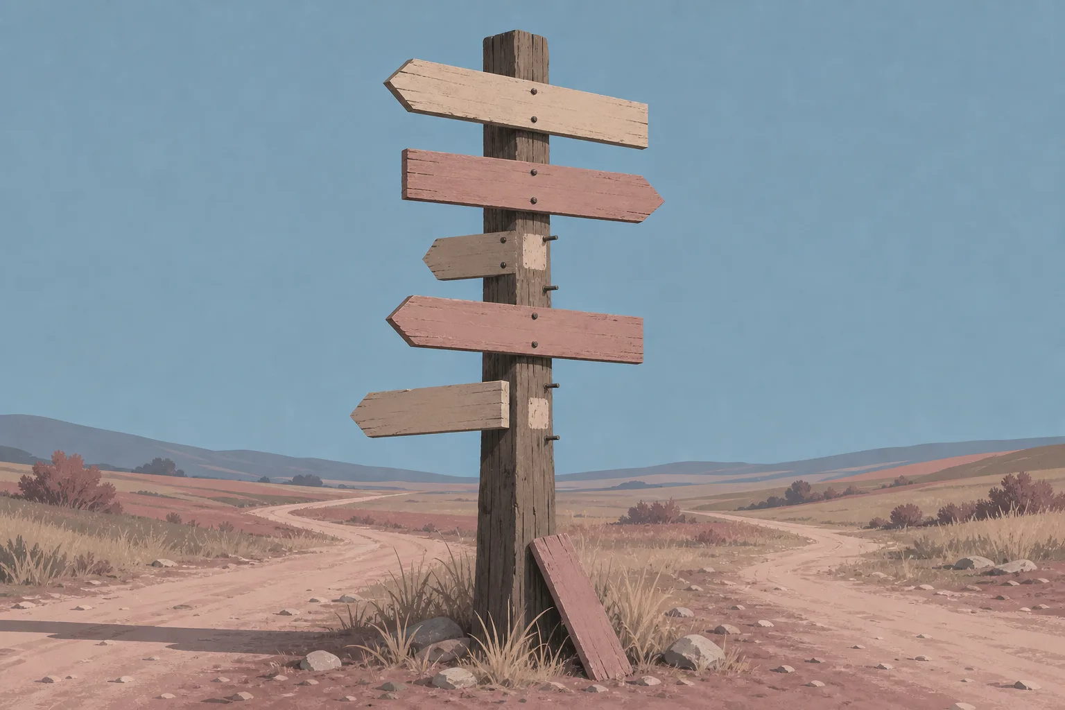 A wooden signpost at a rural crossroads carrying a stack of blank fingerboards, several of them removed and leaving bare bolt stubs and pale patches on the post, with one board propped in the grass at its foot.