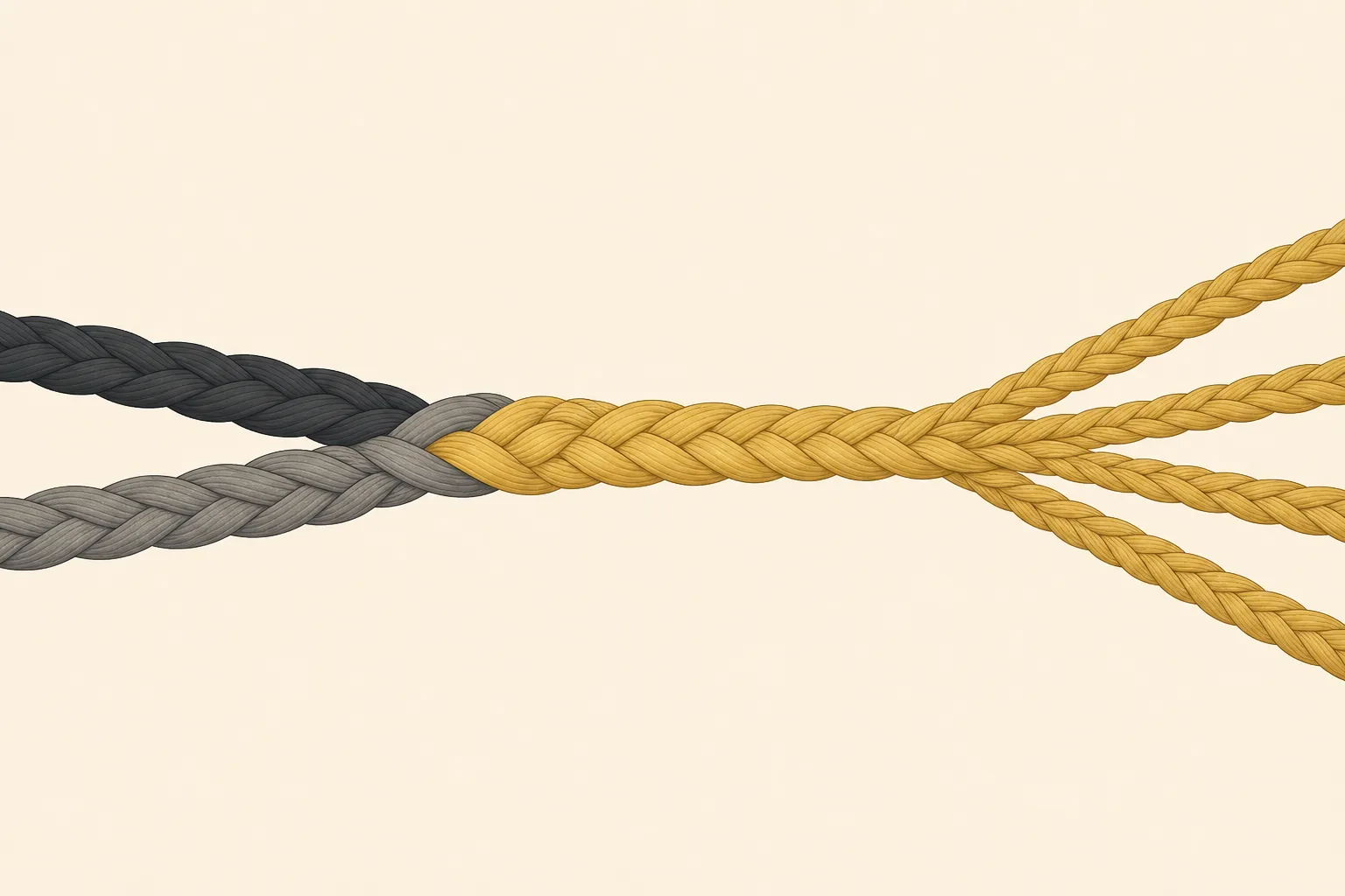 Two thick braided ropes in charcoal and warm grey spliced into a single soft mustard rope on a bone background, the joined rope fanning out into four slim strands of equal weight at the other end.