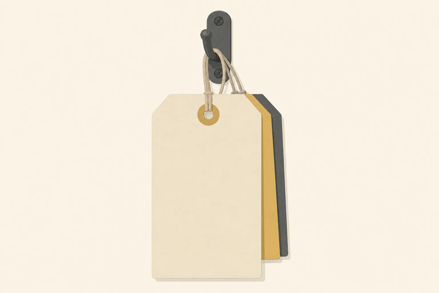 A plain metal hook on a flat wall in soft mustard, charcoal and warm oatmeal, holding one large blank paper tag facing forward with two smaller tags hanging behind it, hidden except for their edges and the tips of their cords.