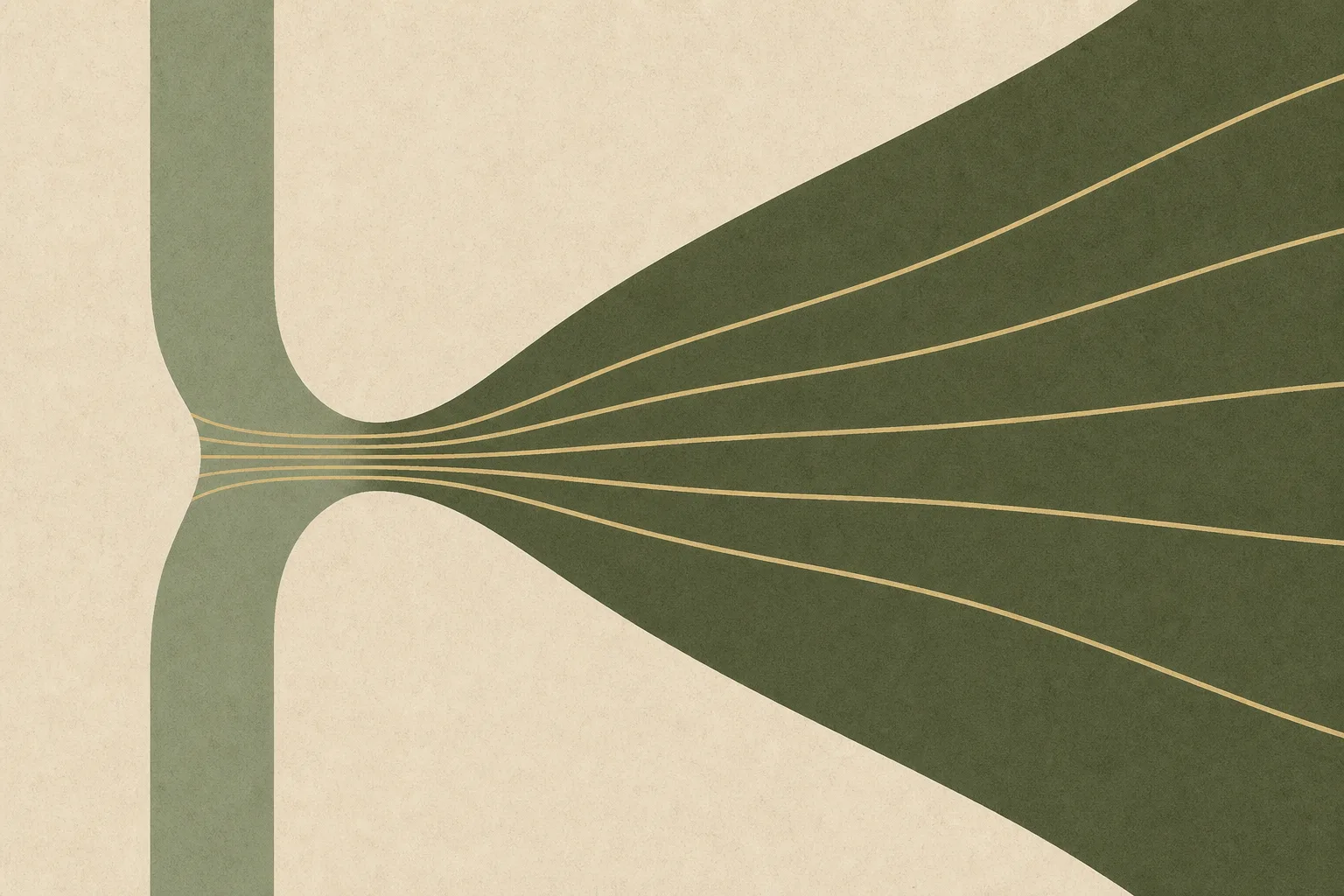 A flat abstract motif of a narrow channel opening out into a much wider one, with thin light strands flowing through the constriction and fanning out into the space beyond, in sage, olive and pale mustard.