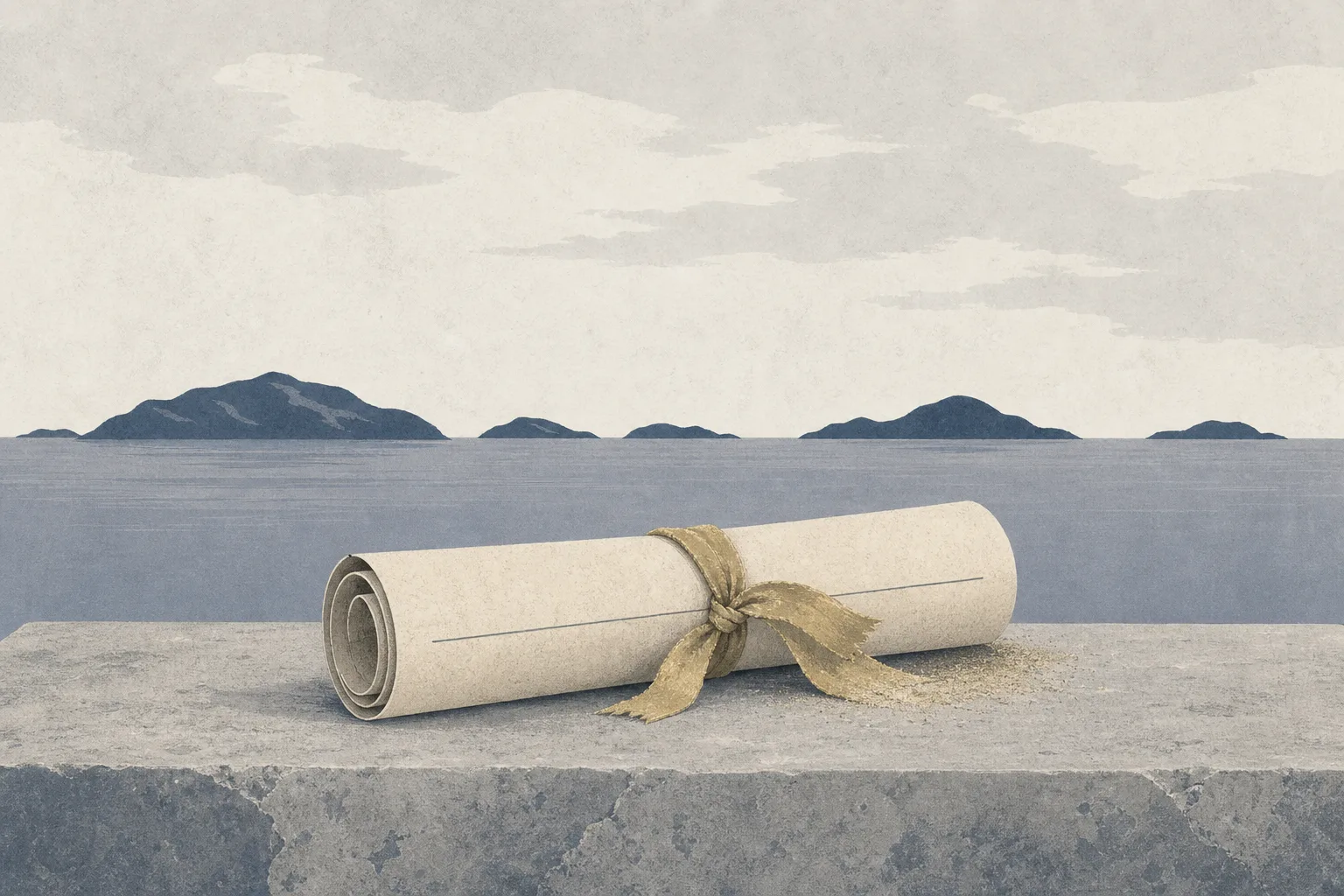 A rolled paper document tied with a faded ribbon lying untouched on a flat stone slab in indigo and pale gold, with a line of small low islands drawn as simple silhouettes across calm water on the horizon behind it.