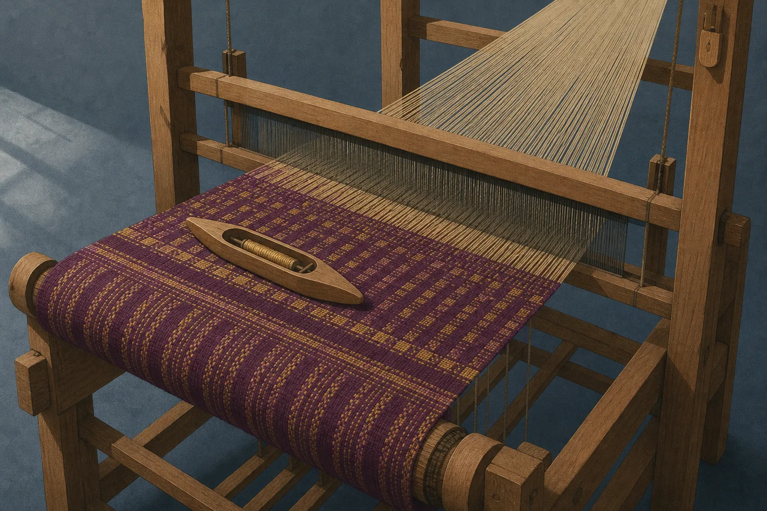 A close-up of a wooden loom where about a third of the cloth is woven in plum and gold, with the bare warp threads running on unwoven beyond it and a shuttle resting on the finished section.