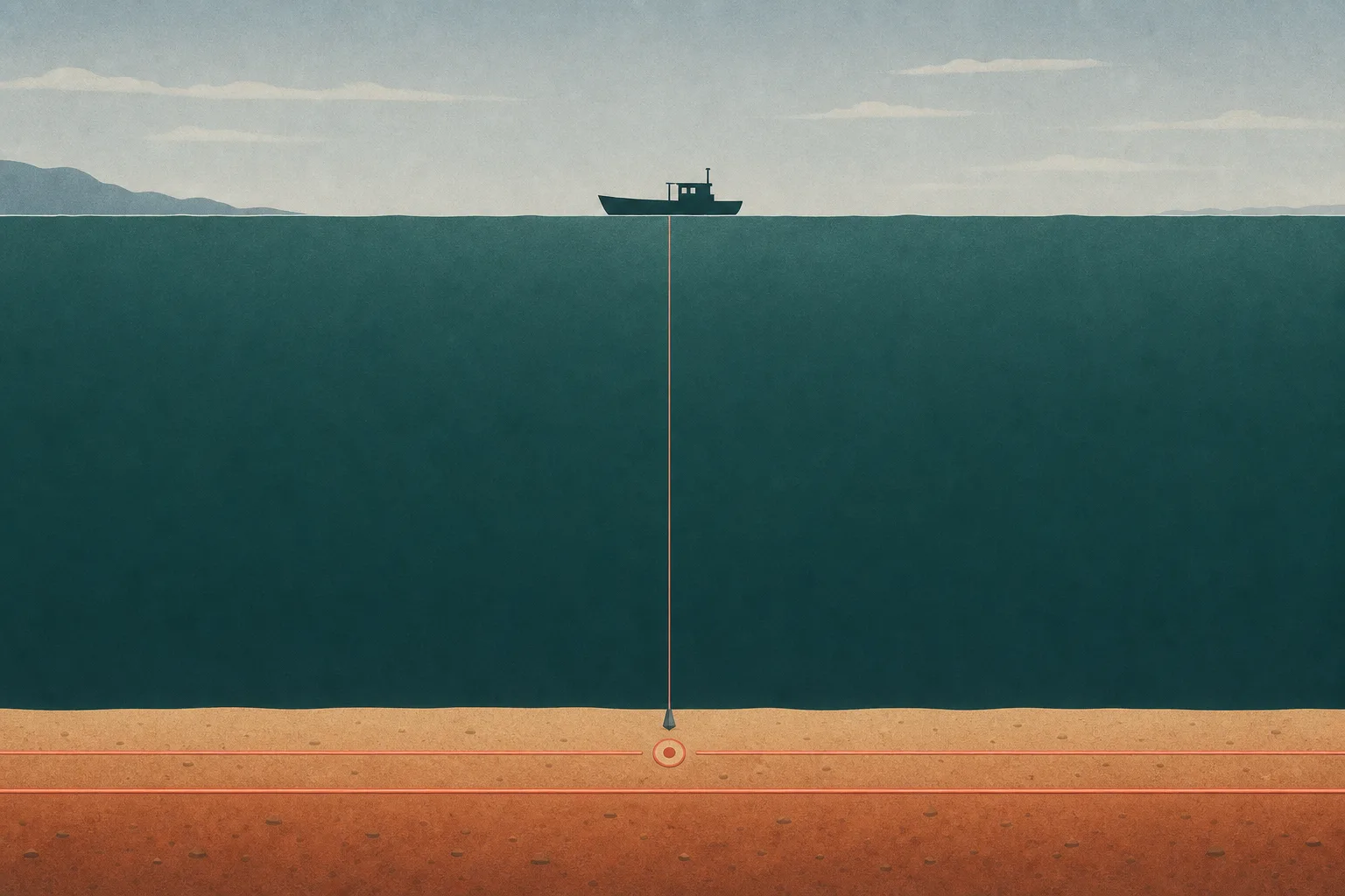 A wide side-on cross-section of the sea in deep green and warm coral, with two slender cable lines running along a pale sand seabed and a small boat on the surface above lowering a sounding line to an empty point between them.