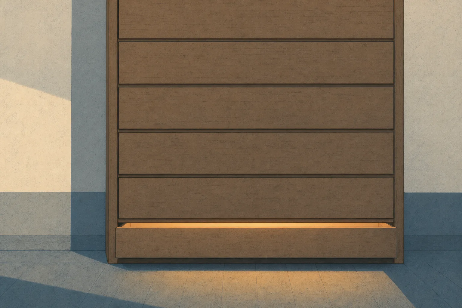 A close-up of a tall bank of plain wooden filing drawers in dusty blue and clay, every drawer shut flush except the lowest one, which is open a couple of inches with a narrow warm glow spilling out of the gap.