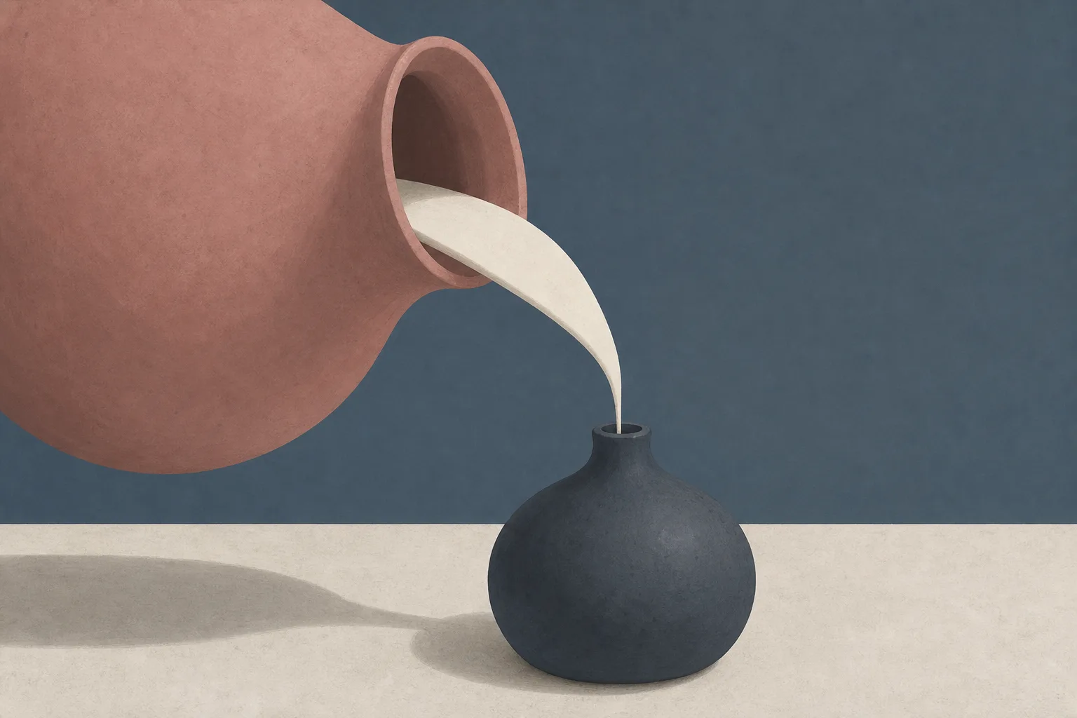 A wide mouthed dusty rose jug tipped over on a bone white surface, pouring a thick band of pale liquid that pinches down to a thin thread as it enters the very narrow neck of a small slate grey bottle.