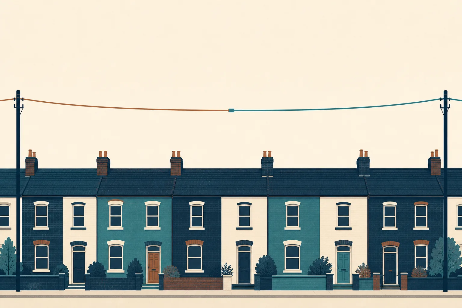 An overhead telecoms line above a row of terraced houses, copper brown on one side of a mid-air joint and teal on the other.