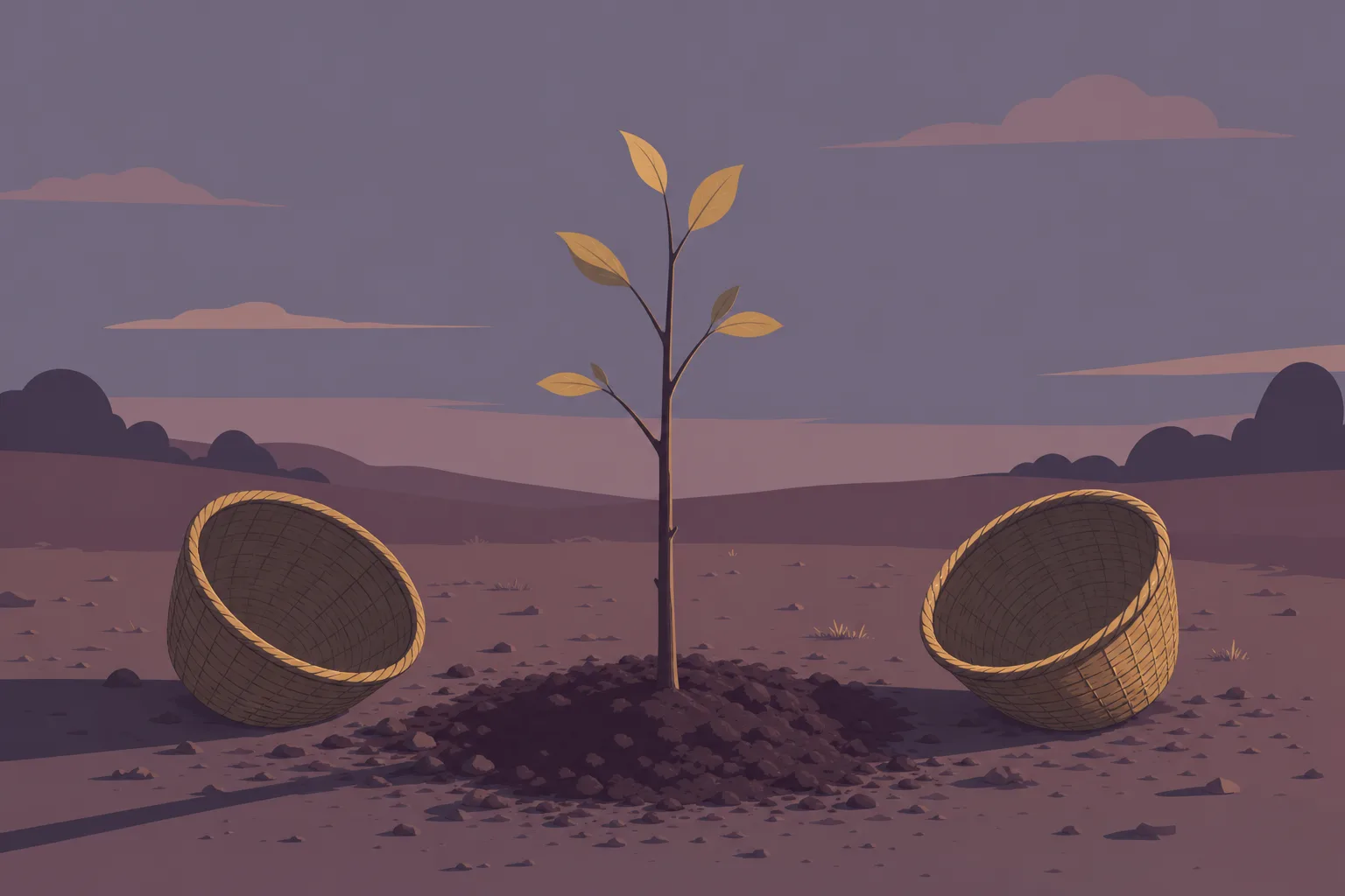 A single slender newly planted sapling carrying a few small leaves, standing in a patch of bare turned soil at dusk in deep plum and soft antique gold, with two plain empty woven harvest baskets set on the ground either side of it.