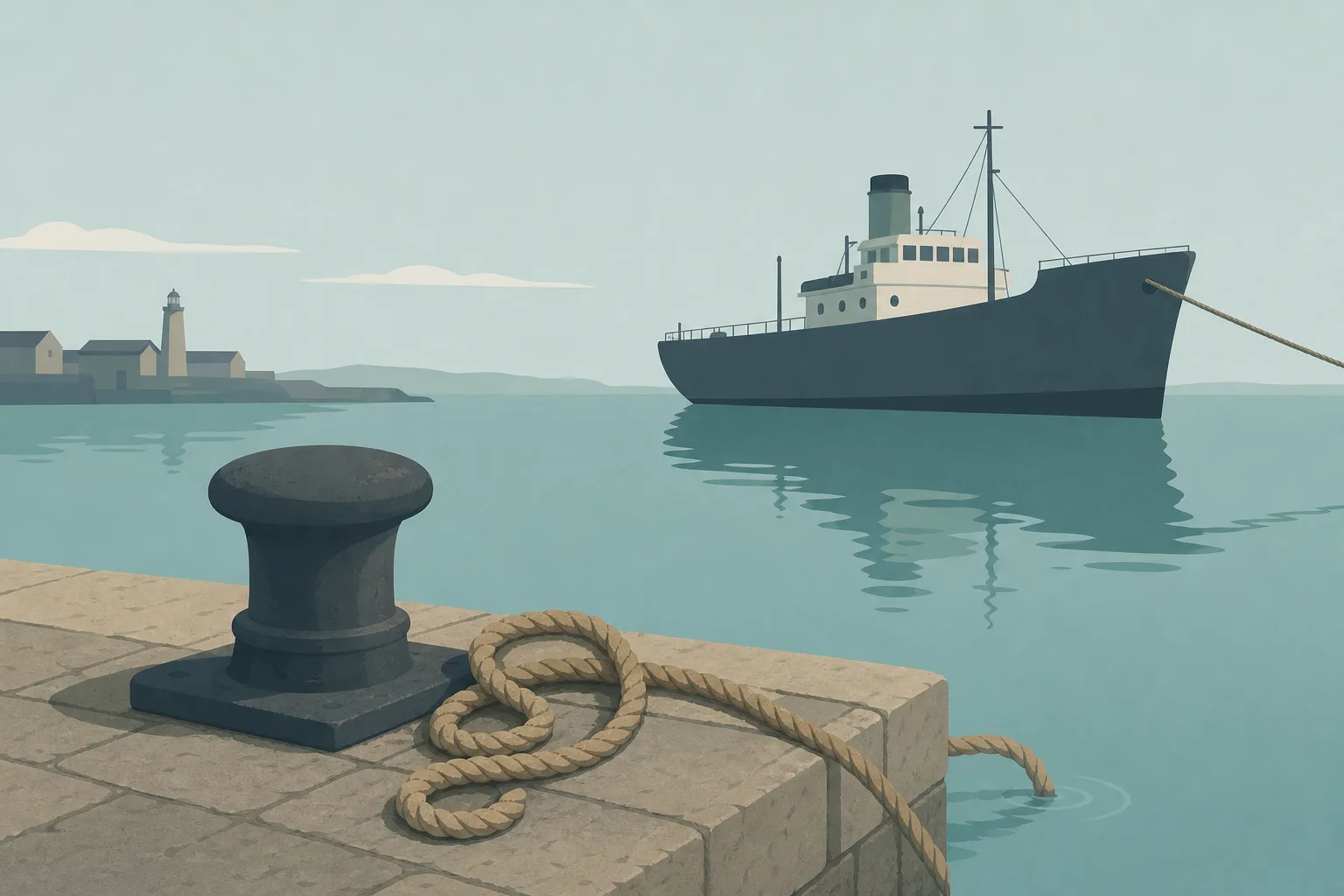 A quayside mooring post with a thick rope untied and lying slack beside it, and a vessel still afloat on calm sea green water beyond.