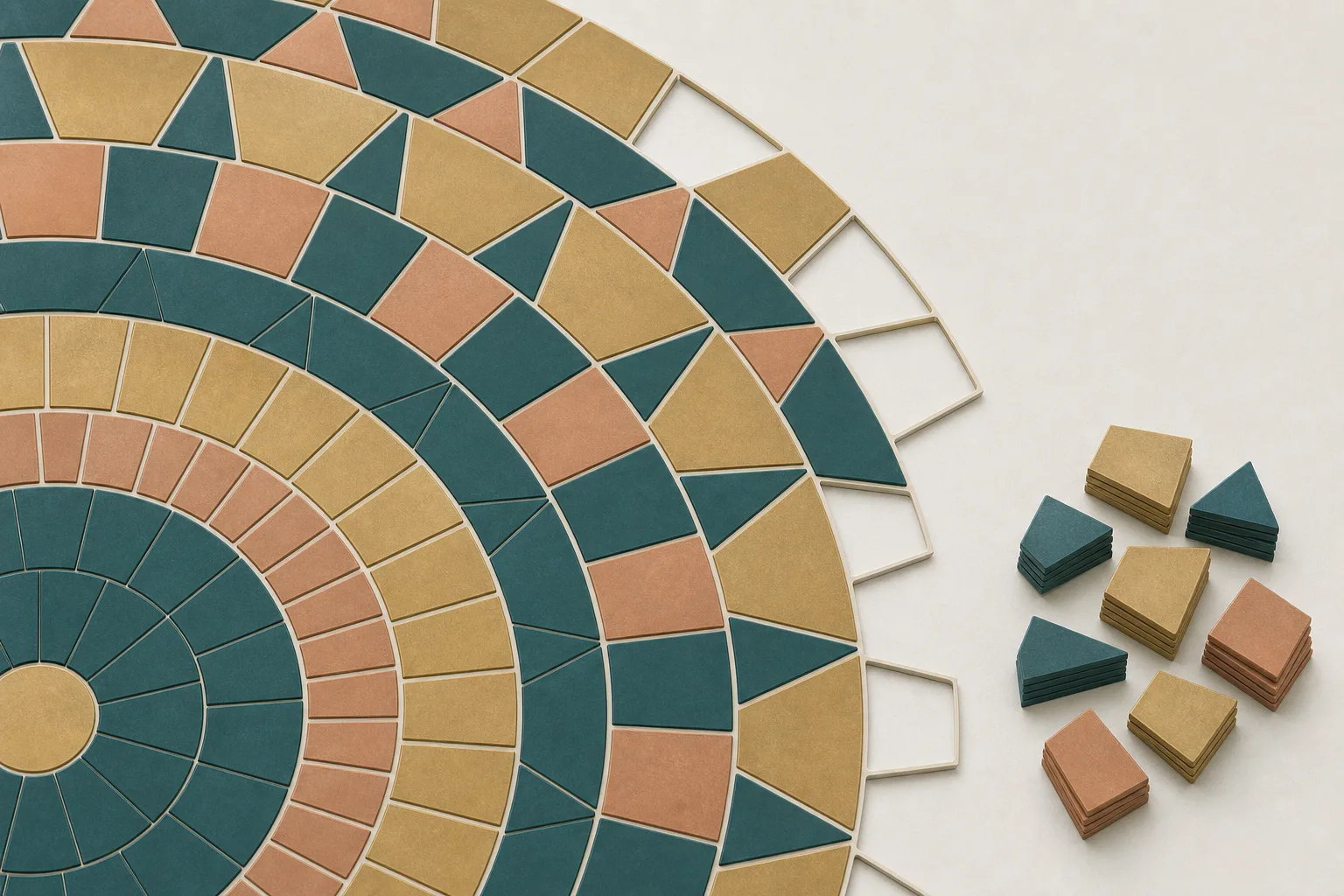A flat abstract mosaic of interlocking tiles laid out as concentric arcs in deep teal and pale copper, with a dozen tiles missing from the outer arcs leaving empty recesses, and those tiles stacked in a neat pile to one side.