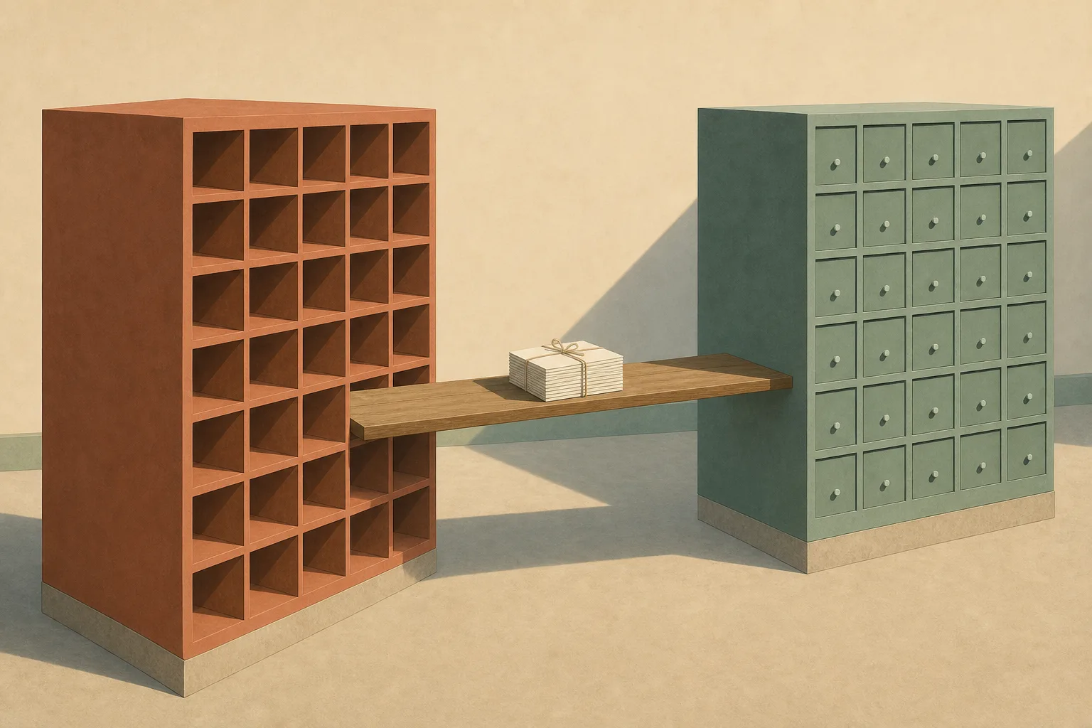Two free-standing walls of small square mail pigeonholes on a pale sand background, the left wall open and emptied and the right one full and closed, with a plank bridging the gap and a tied bundle of blank envelopes resting halfway across it.