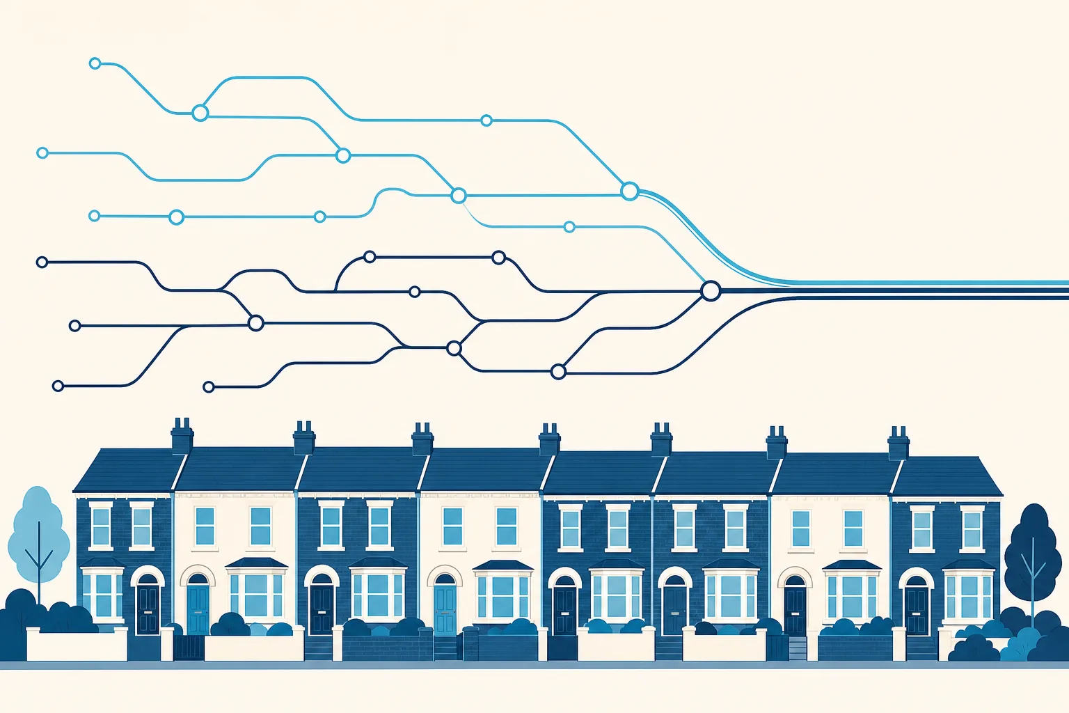 Two networks of fibre lines converging into a single line above a row of terraced houses.