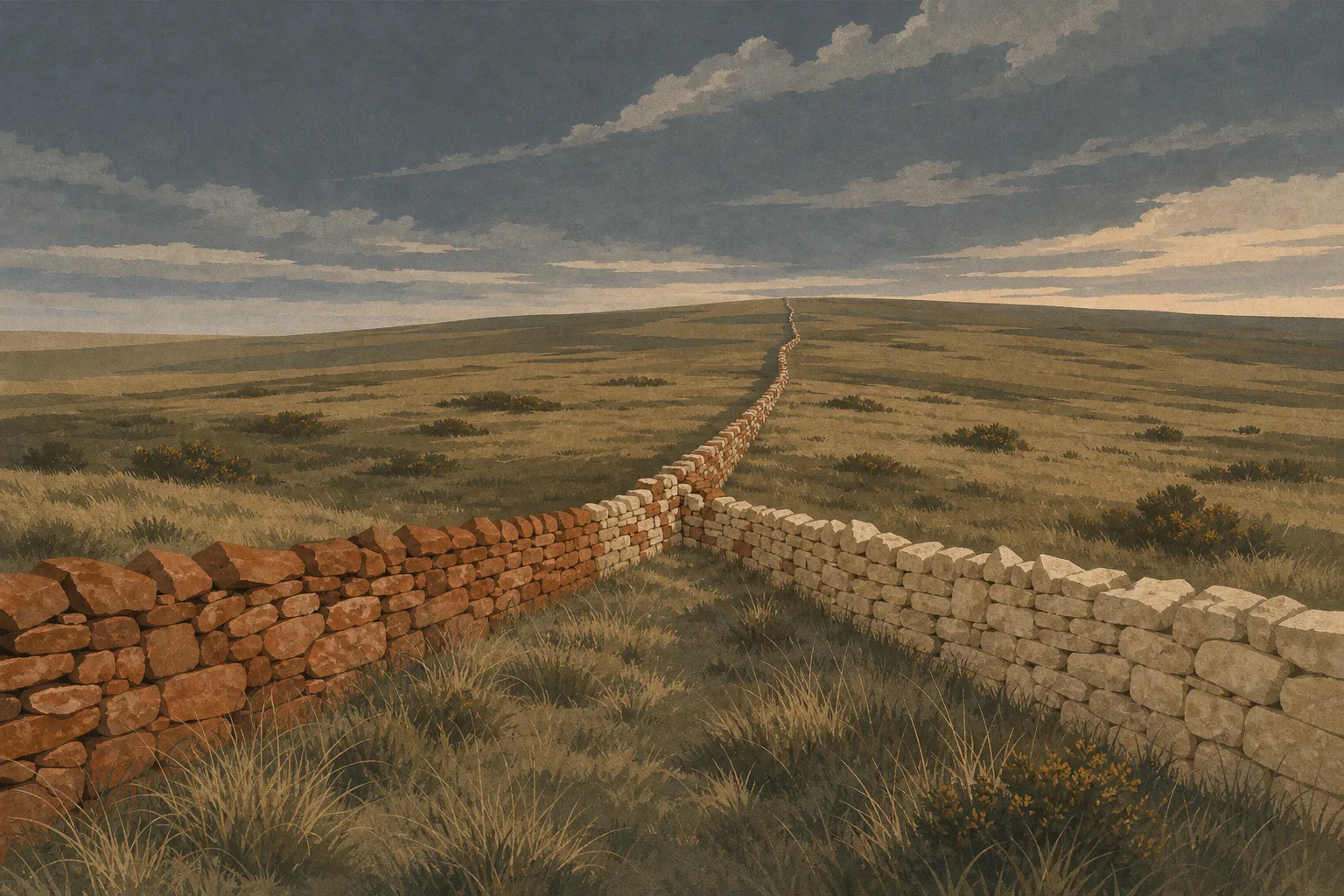 Two dry stone walls in terracotta and pale sand run in from opposite sides of an open moorland slope, meeting in the middle distance and continuing on as one taller wall built from both kinds of stone.