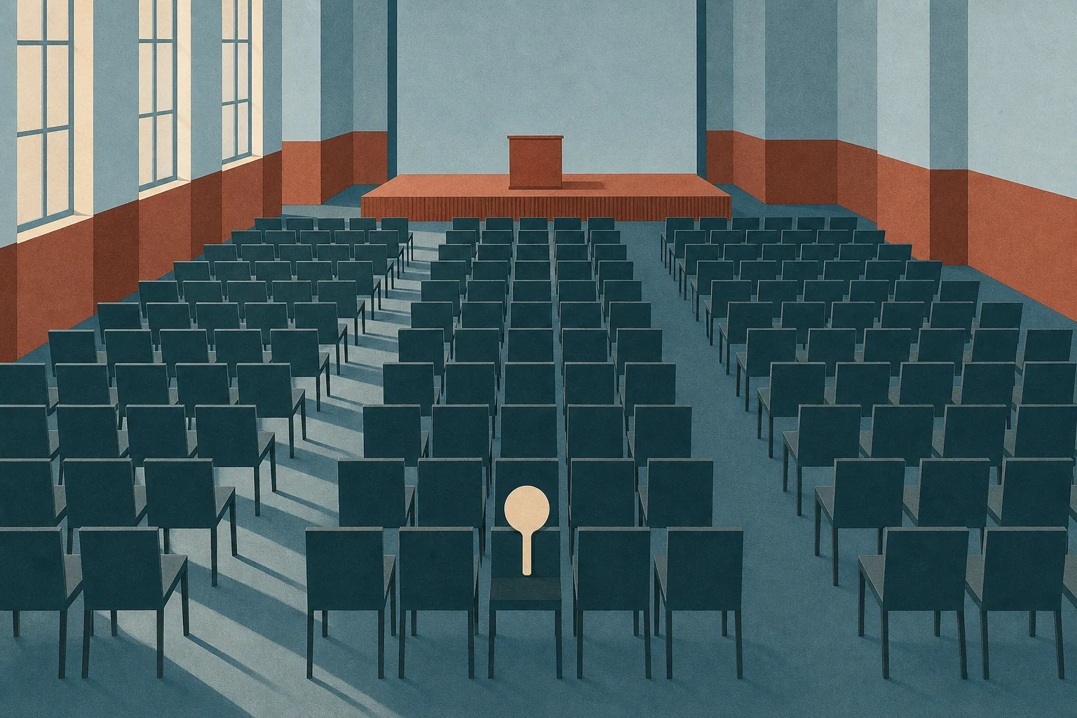 A wide elevated view down a large auction room in muted terracotta, deep teal and soft dove blue, with many long rows of plain empty chairs facing a bare rostrum and a single blank bidding paddle standing upright on one chair near the front.