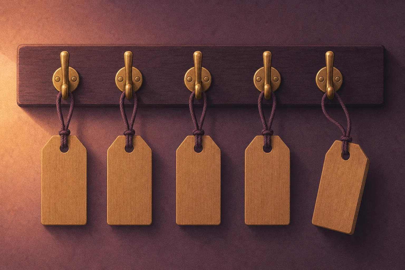 A close-up of five brass hooks on a dark wooden rail, four holding blank hanging tags and the fifth carrying a tag just hung and still sitting slightly askew.