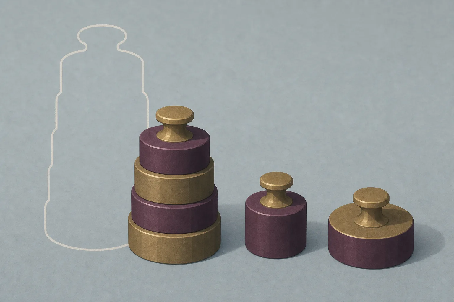 A close-up of a short column of plain cylindrical balance weights in plum and antique gold on a pale grey-blue surface, with two weights lifted off and set down beside it and a faint outline showing how tall the stack used to be.